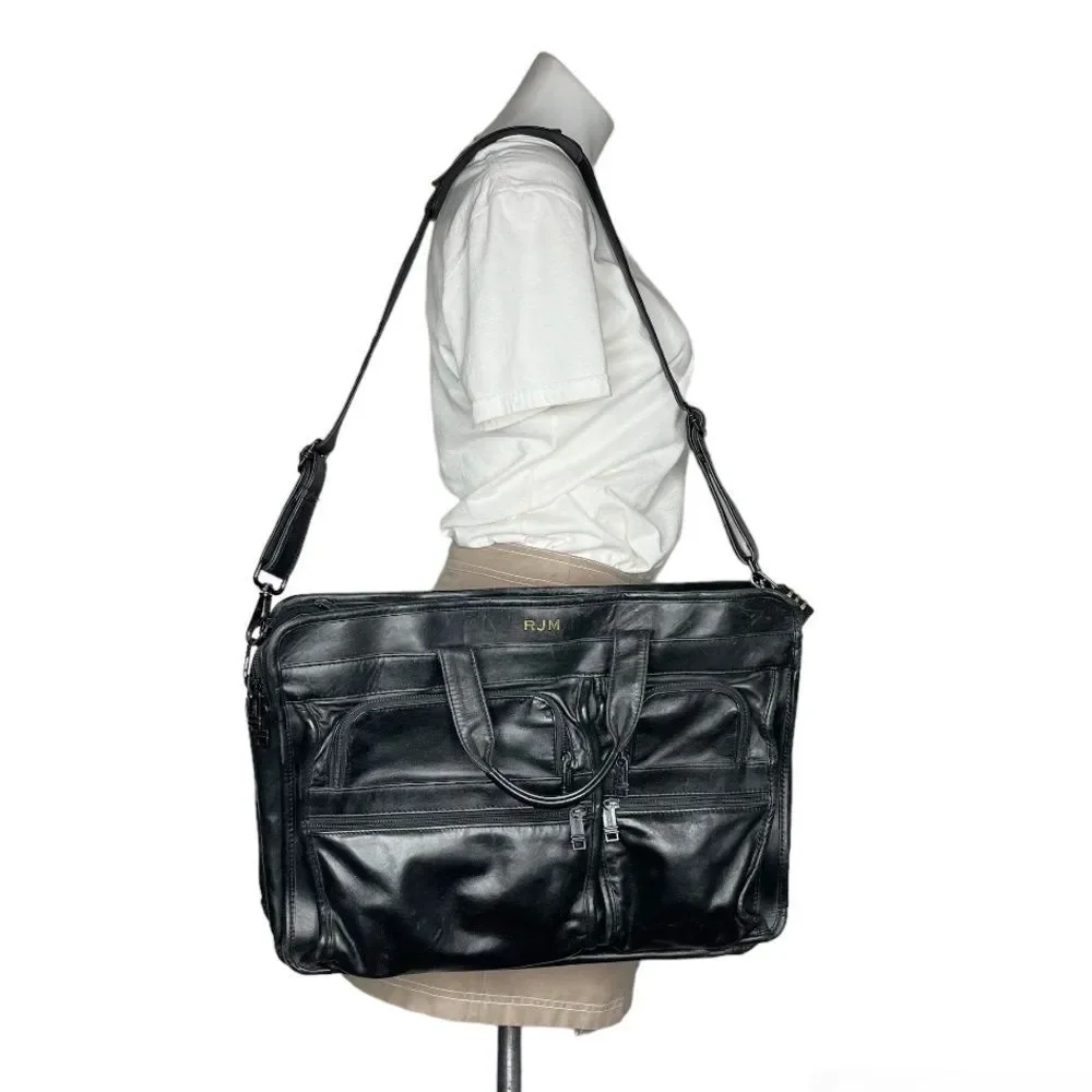 TUMI Black Leather Bag Laptop Multi Pockets Zippers Top Handles Shoulder Strap